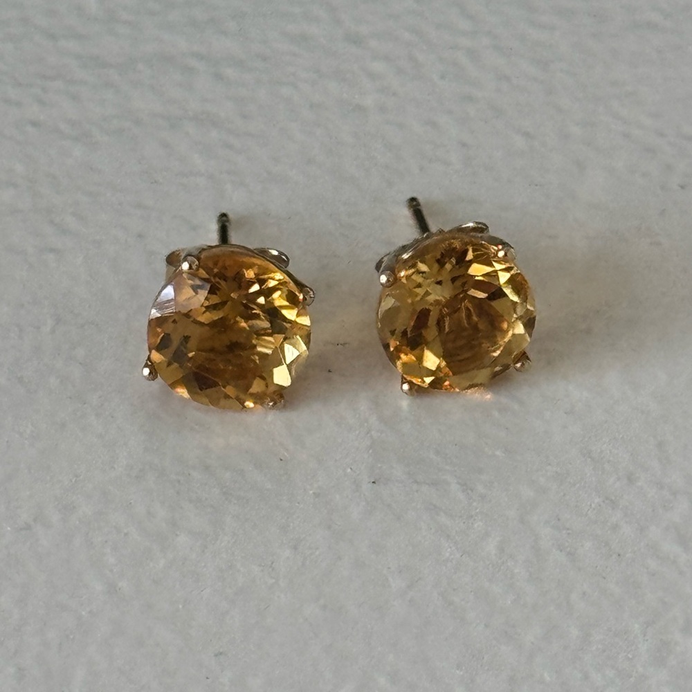 Genuine Citrine Large Studs Solid 14k Yellow Gold - image 2